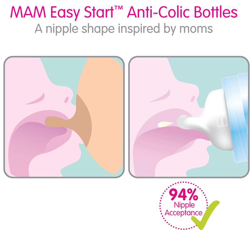 MAM Easy Start Anti-Colic Bottle, Baby Essentials, Medium Flow Bottles with Silicone Nipple, Baby Bottles for Baby Girl, Designs May Vary, 9oz (Pack of 2) - Image 3