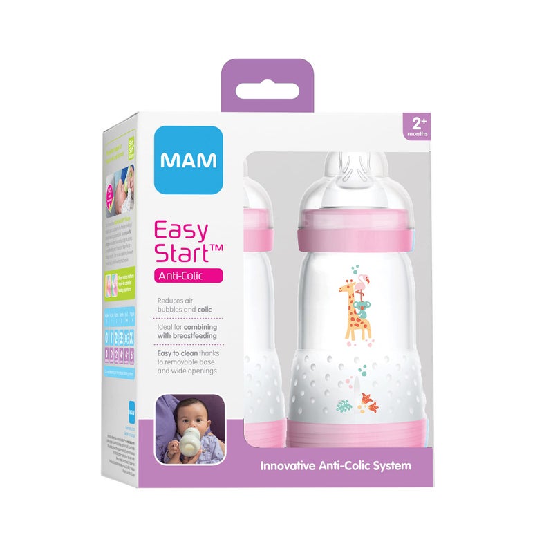 MAM Easy Start Anti-Colic Bottle, Baby Essentials, Medium Flow Bottles with Silicone Nipple, Baby Bottles for Baby Girl, Designs May Vary, 9oz (Pack of 2) - Image 2