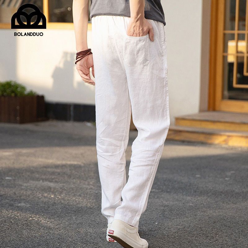 High-End 100% Pure Linen Pants Men'S Thin Summer White Pants Casual Pants Loose Straight Cotton Linen Pants - Image 2