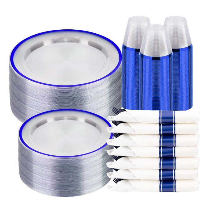 350PCS CLEAR AND BLUE DISPOSABLE PLATES SET FOR 50 GUESTS 100 PLASTIC PLATES 50 CUPS 50 PREROLLED NAPKINS WITH PLASTIC CUTLERY