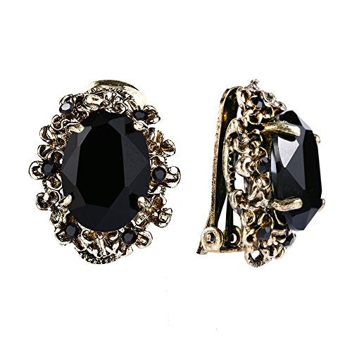 BriLove Victorian Style Clip-On Earrings for Women Crystal Floral Cameo Inspired Oval Jewelry Black Antique-Gold-Toned. - Image 1