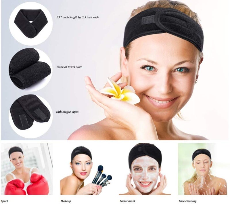 Onwon 2 Pack Facial Spa Headband with Magic Tape - Terry Cloth Head Wrap for Bath, Makeup, Yoga and Sport, Black - Image 5