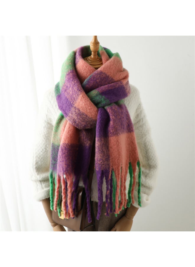 European And American Fashion Women's Scarf Winter Cashmere Circle Yarn Thickened Warm Shawl Rainbow Plaid Sching Tassel