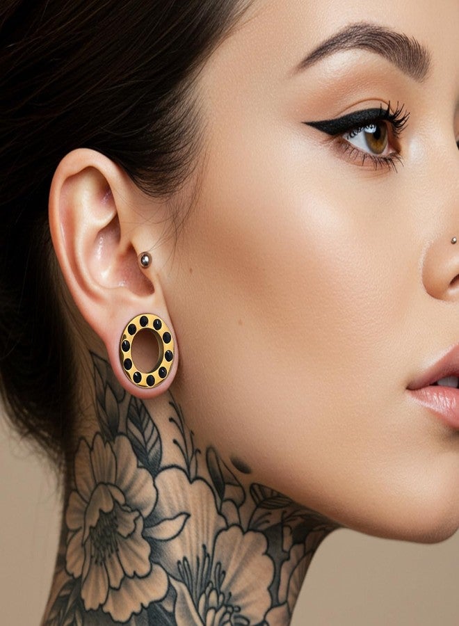 COOEAR Dazzling Gold Ear Gauges, Stainless Steel Tunnel Plugs with Black Crystal, Screw Back Piercing Expander Stretchers 5/8"(16mm). - Image 2