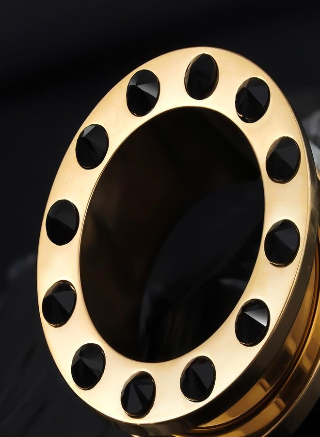 COOEAR Dazzling Gold Ear Gauges, Stainless Steel Tunnel Plugs with Black Crystal, Screw Back Piercing Expander Stretchers 5/8"(16mm). - Image 3