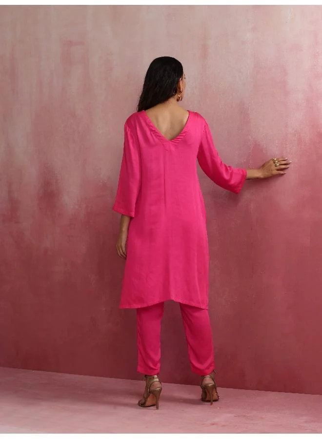 trueBrowns Pink Modal Round Neck Kurta Co-ord Set