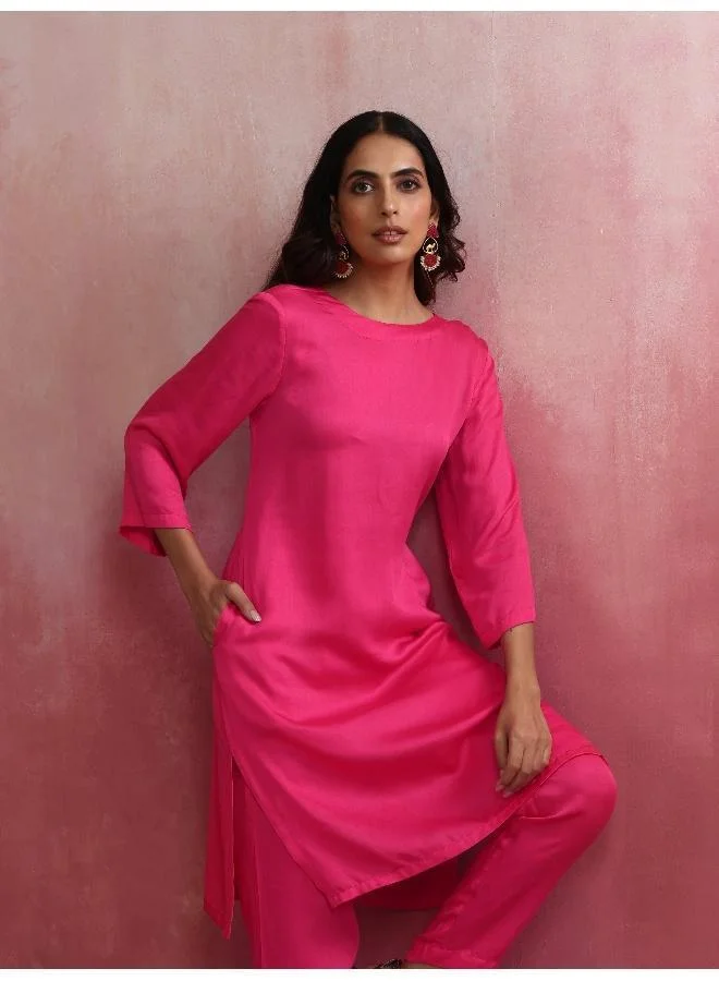 trueBrowns Pink Modal Round Neck Kurta Co-ord Set