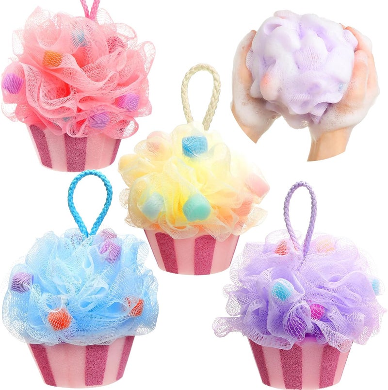 Reallnaive 4 Pcs Cupcake Bath Loofah Sponge Cartoon Body Scrubber Loofah Soft Mesh Exfoliating Bath Scrubber Shower Ball for Shower Sponge Gifts Exchange Birthday Party - Image 1