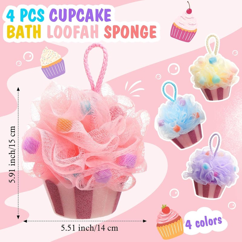 Reallnaive 4 Pcs Cupcake Bath Loofah Sponge Cartoon Body Scrubber Loofah Soft Mesh Exfoliating Bath Scrubber Shower Ball for Shower Sponge Gifts Exchange Birthday Party - Image 2