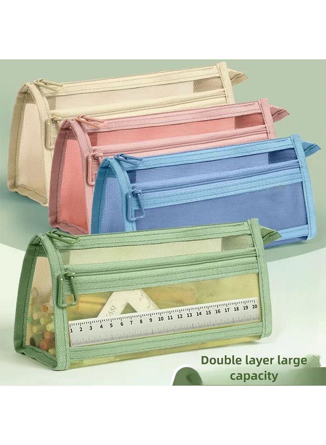 Gray Double Layer Mesh Zipper Storage Case Organizer For Pens Makeup Brushes Stationery - Image 2