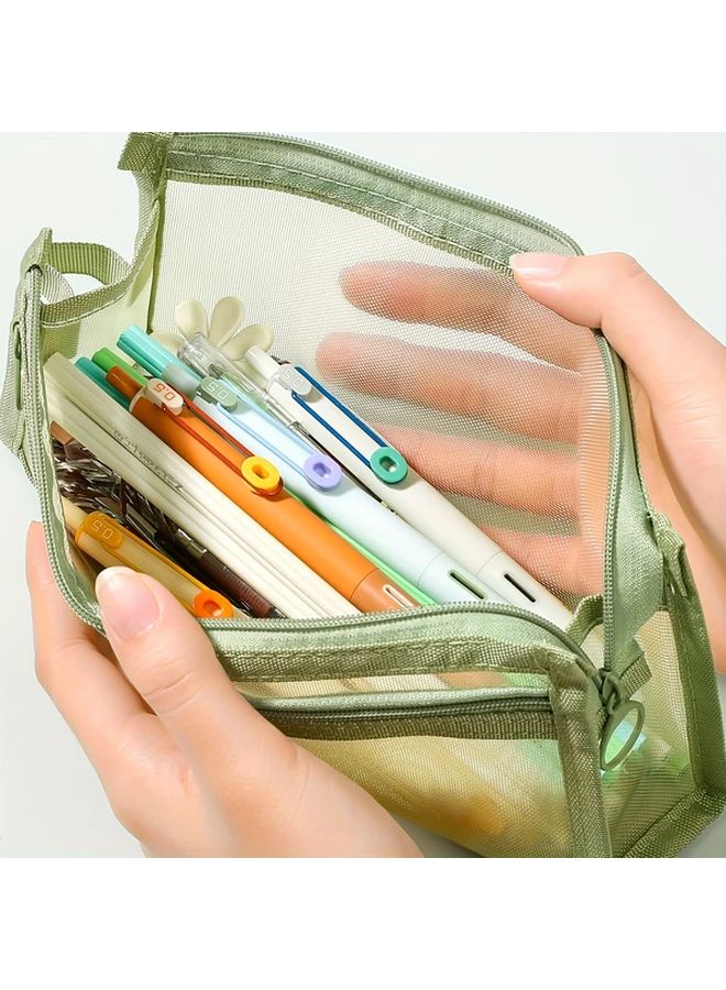 Gray Double Layer Mesh Zipper Storage Case Organizer For Pens Makeup Brushes Stationery - Image 3