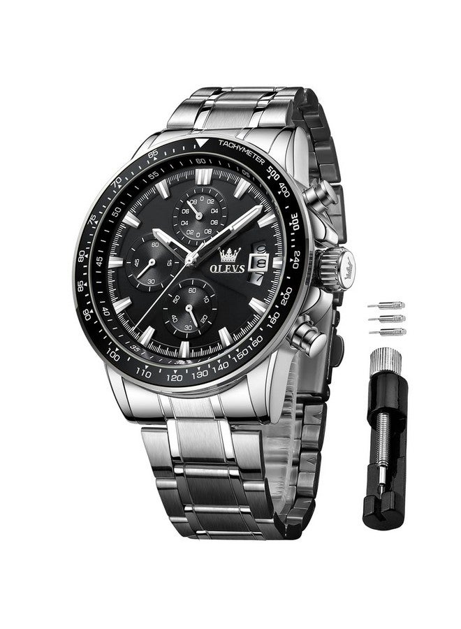 OLEVS Watch for Men Analog Quartz Chronograph Watches Stainless Steel Dress Calendar Waterproof Easy Reader Wrist Watch Silver Black - Image 1