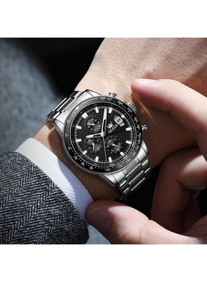 OLEVS Watch for Men Analog Quartz Chronograph Watches Stainless Steel Dress Calendar Waterproof Easy Reader Wrist Watch Silver Black - Image 4