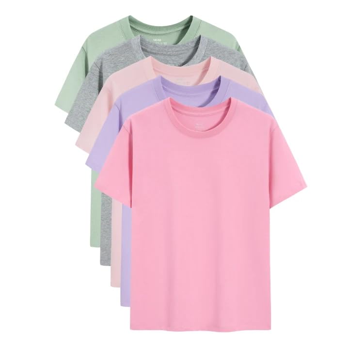 Gihuo 5 Pack Girls T-Shirts Short Sleeve Shirt for Girls Cotton Tees Kids Tshirts Clothes Summer Tops (US, Age, 8 Years, 9 Years, Purple,Pink,Grey,Rose,Green) - Image 1