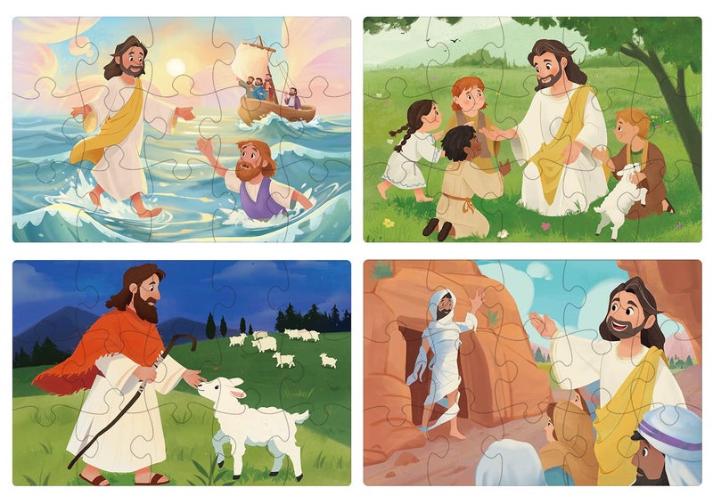 MoinKidz Bible Puzzles Kids 4in1 Wooden Puzzles in Box Religious Christian Toys for Toddlers Christmas Puzzle for Kids Jesus Walks on Water Jesus with Children Lost Lamb New Testament - Image 3