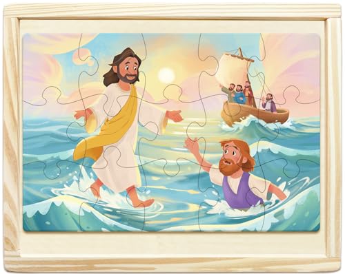 MoinKidz Bible Puzzles Kids 4in1 Wooden Puzzles in Box Religious Christian Toys for Toddlers Christmas Puzzle for Kids Jesus Walks on Water Jesus with Children Lost Lamb New Testament - Image 5