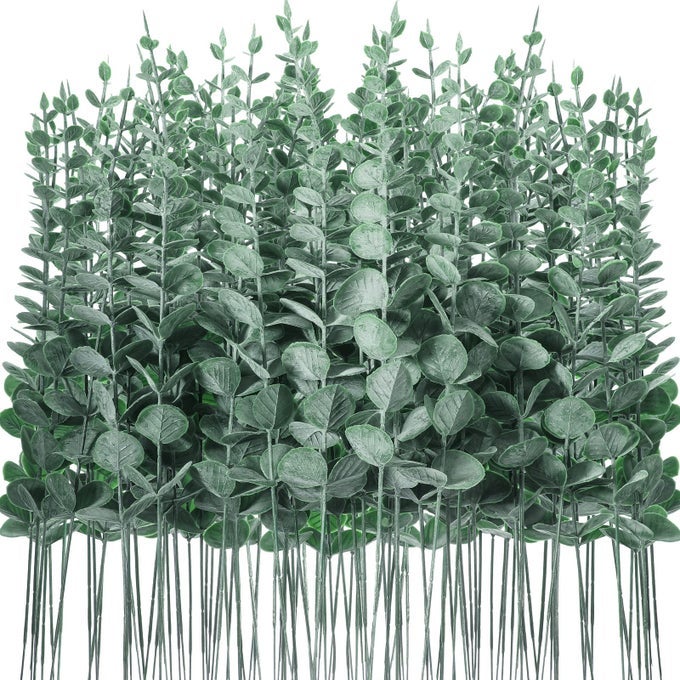 100 PCS EUCALYPTUS STEMS FAUX GREENERY ARTIFICIAL EUCALYPTUS LEAVES DECOR GREENERY STEMS BRANCH FOR WEDDING CENTERPIECE FLOWER BOUQUET FARMHOUSE HOME DARK GREEN
