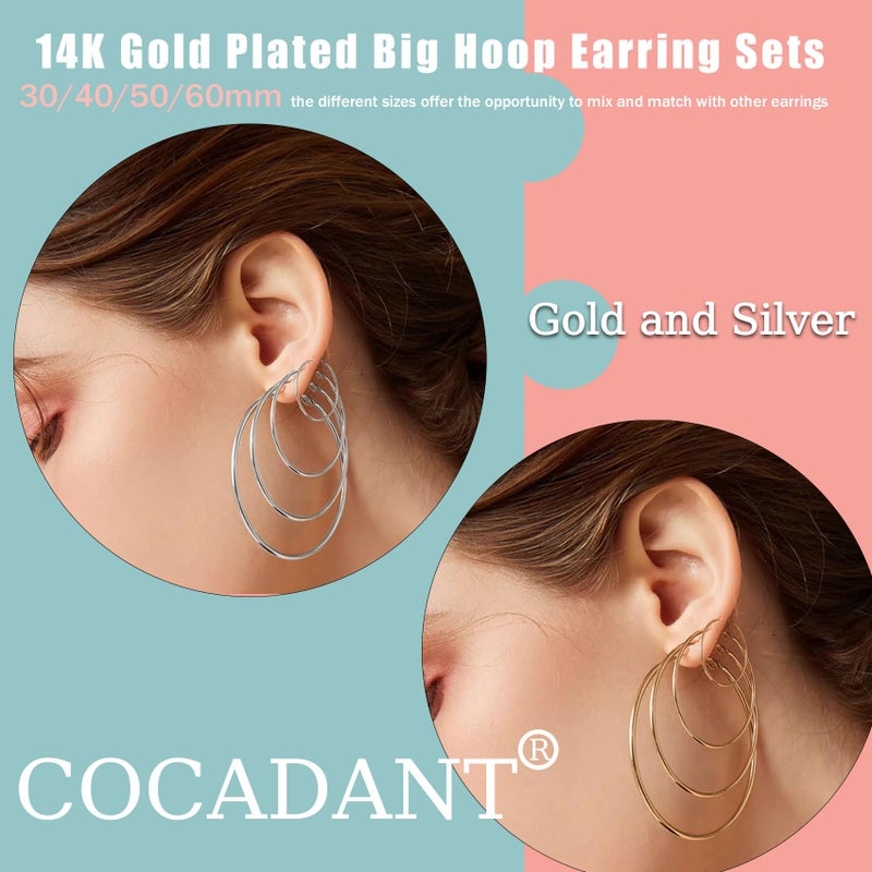Cocadant Silver Gold Hoop Earrings for Women,Thin 14K Gold Hoops Set with Hypoallergenic 925 Sterling Silver Post,Lightweight Big Hoops 30mm 40mm 50mm 60mm - Image 4