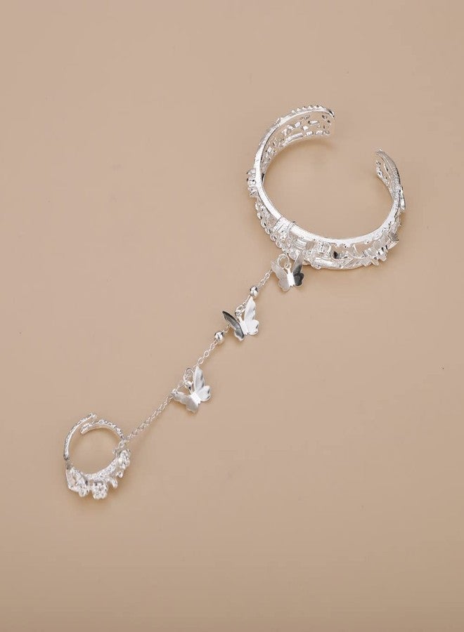 Sither سوار وخاتم فراشة سيثير للنساء - سوار سلسلة يد مزين بفراشة لمجوهرات حفلة الهالوين (فضي) - Image 4