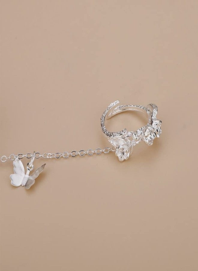 Sither سوار وخاتم فراشة سيثير للنساء - سوار سلسلة يد مزين بفراشة لمجوهرات حفلة الهالوين (فضي) - Image 5