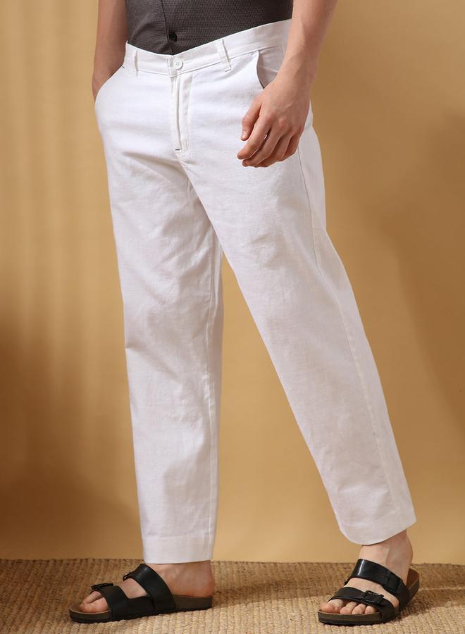 Dennis Lingo Men's White 100% Cotton Solid Pattern Full Length Chinos Relaxed Trouser  - Image 2