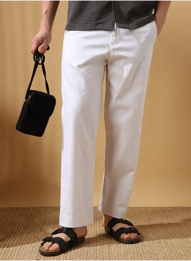 دينيس لينغو White 100% cotton slub/linen look Solid Pattern Relaxed Fit Trouser for Men Full Bottom Body Wear Chinos Button Closure Woven Weave Mid Rise Waist - Perfect for Lifestyle Occasions