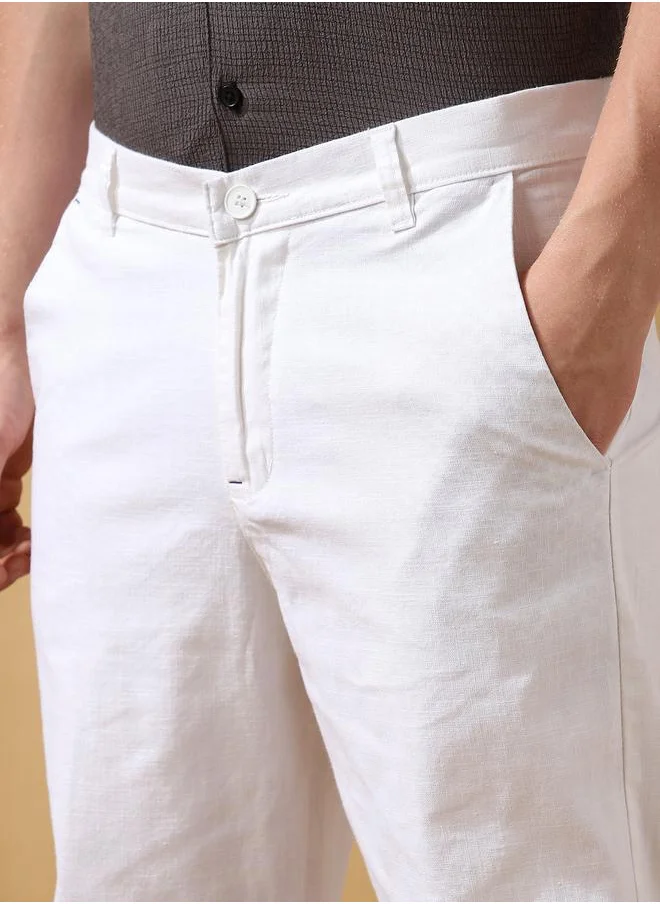 دينيس لينغو White 100% cotton slub/linen look Solid Pattern Relaxed Fit Trouser for Men Full Bottom Body Wear Chinos Button Closure Woven Weave Mid Rise Waist - Perfect for Lifestyle Occasions