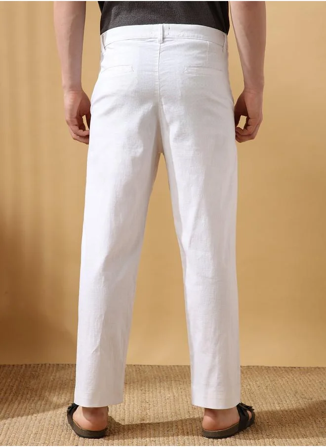 دينيس لينغو White 100% cotton slub/linen look Solid Pattern Relaxed Fit Trouser for Men Full Bottom Body Wear Chinos Button Closure Woven Weave Mid Rise Waist - Perfect for Lifestyle Occasions