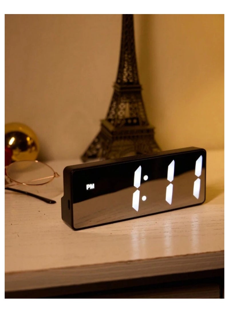 Modern digital alarm clock with LED lighting with a reflective finish, adjustable brightness, temperature display, desk clock at a USB port, batteries that do not include alarming hours for bedrooms  - Image 1