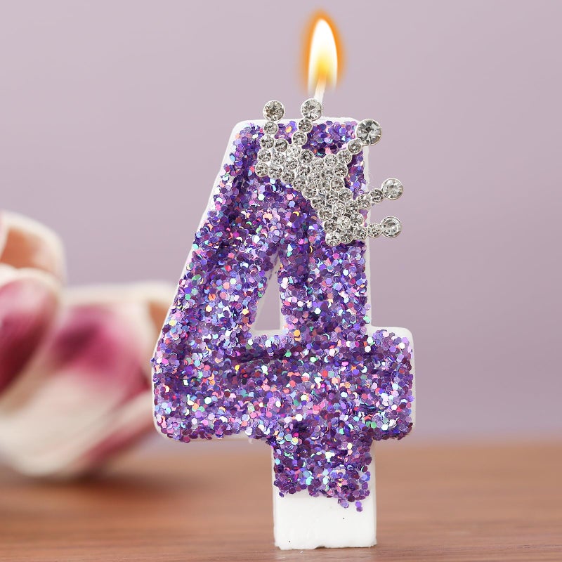 AKURIEEY Birthday Number Candles,Purple Crown Birthday Candles for Cake,Glitter Number 4 Candle Cake Topper with Sequins for Anniversary Celebrations Supplies (Number 4) - Image 2