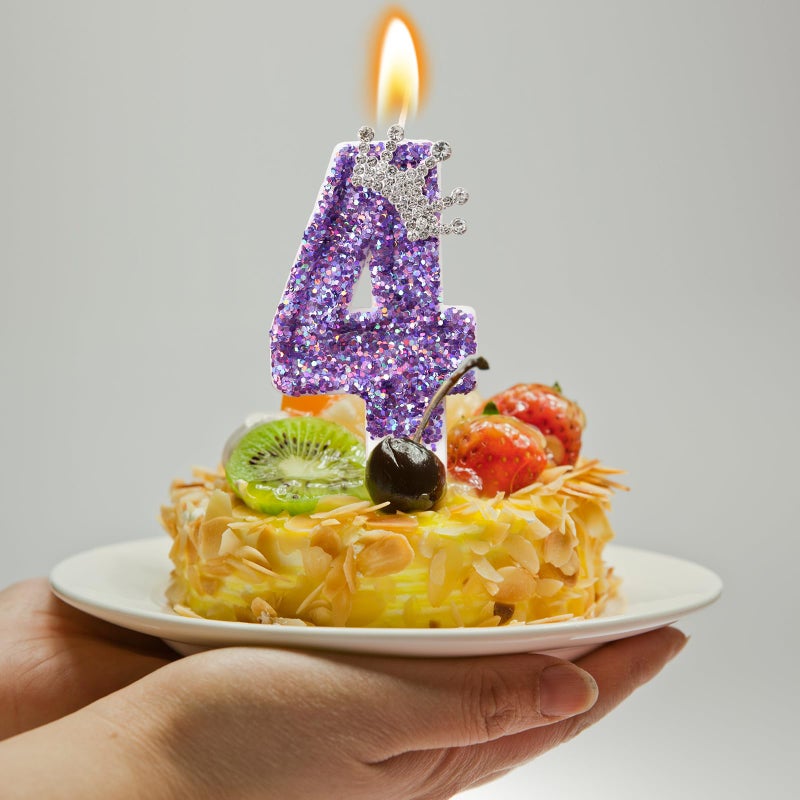 AKURIEEY Birthday Number Candles,Purple Crown Birthday Candles for Cake,Glitter Number 4 Candle Cake Topper with Sequins for Anniversary Celebrations Supplies (Number 4) - Image 3