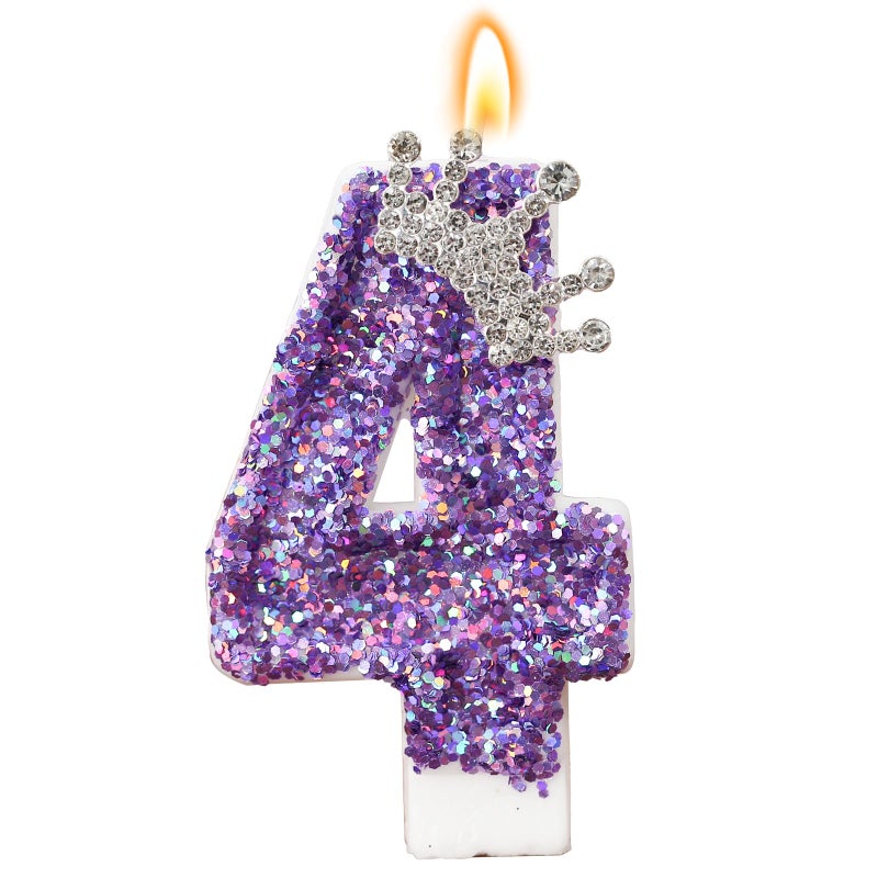 AKURIEEY Birthday Number Candles,Purple Crown Birthday Candles for Cake,Glitter Number 4 Candle Cake Topper with Sequins for Anniversary Celebrations Supplies (Number 4) - Image 1