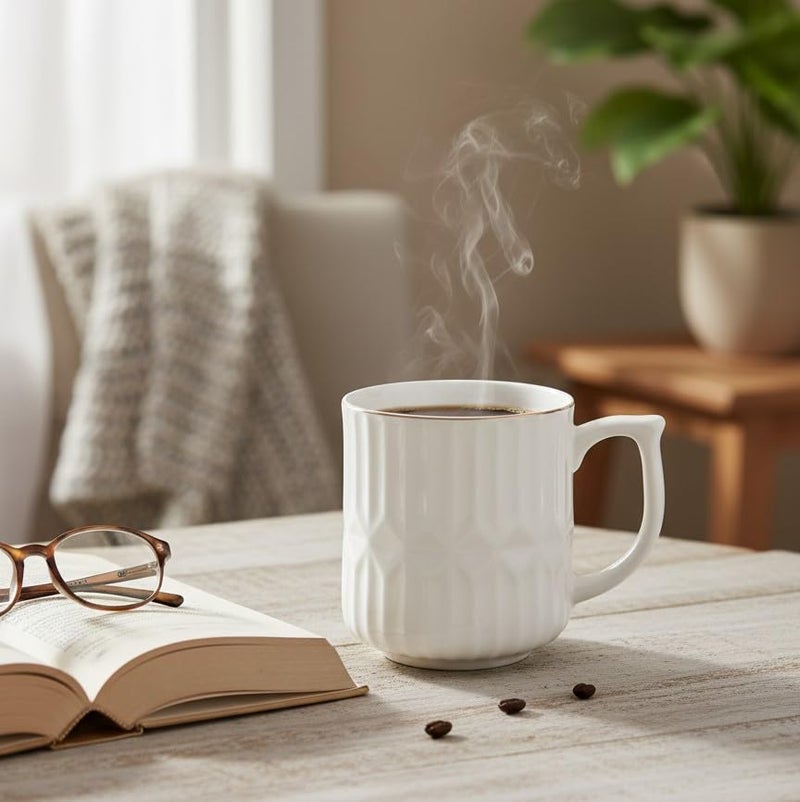 Femora Elegant White Ceramic Coffee Mug | Unique Textured Vertical Striped Design for Home & Office | 350 Ml| Set of 1 - Image 5