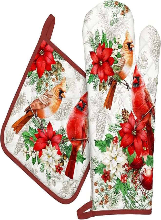 Arquiel Oven Gloves Pot Holder Set of 2 Christmas 100% Cotton Thicken Microwave Oven Gloves, Soft Heat Resistant Kitchen Pot Holders for Roasting, Baking(Christmas Red Bird)