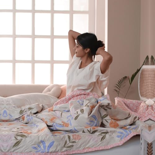 Fancy Walas Dohar Double Bed 100% Cotton Blankets for Summer | 90x100inch, 150GSM Ac Comforter and Cooling Blankets for Summer | Pink Color | Classic Printed Design | Quilt | Ideal for Gifting - Image 2