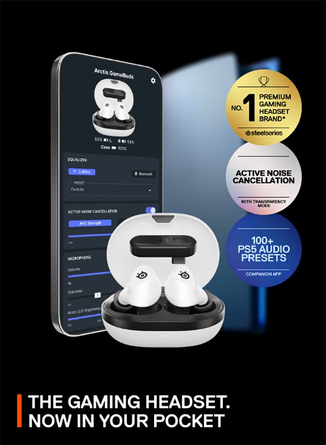 SteelSeries Arctis Gamebuds for PlayStation, Neodymium Magnetic Drivers, 4 mic Hybrid Active Noise Cancellation, Bluetooth 5.3 & Quick Switch 2.4GHz Connectivity, Up to 40 Hours, for PS5, PS4, PC, Switch, White | 61682 - Image 2