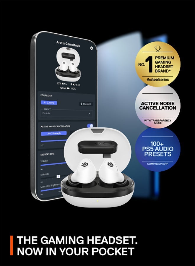 SteelSeries Arctis Gamebuds for PlayStation, Neodymium Magnetic Drivers, 4 mic Hybrid Active Noise Cancellation, Bluetooth 5.3 & Quick Switch 2.4GHz Connectivity, Up to 40 Hours, for PS5, PS4, PC, Switch, White | 61682 - Image 3