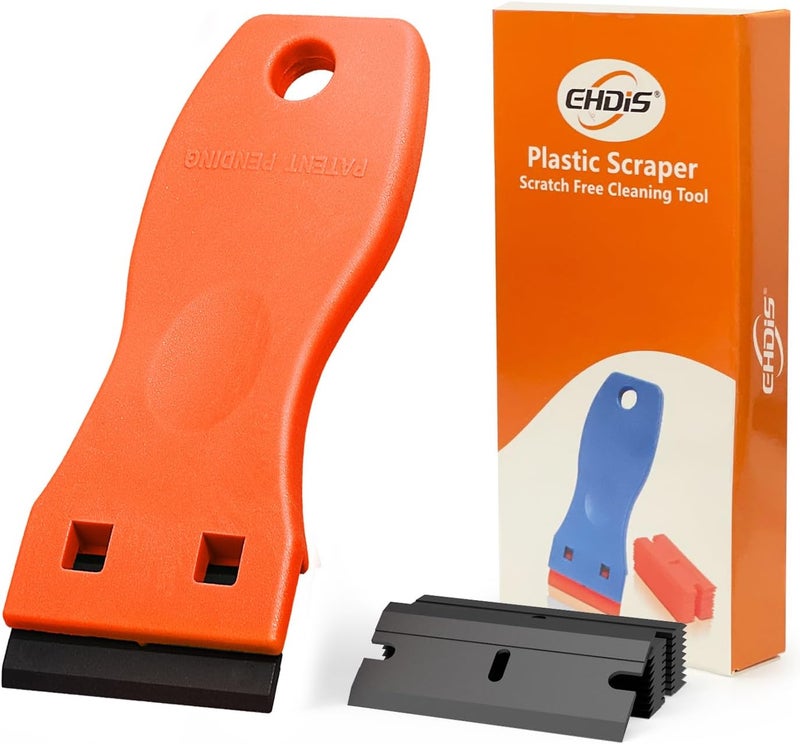 Ehdis 1.5" Plastic Razor Scraper Tool with 10pcs Double Edged Blades for Adhesive Remover,Removing Labels Stickers Decals Taping on Glass Windows(Orange) - Image 1