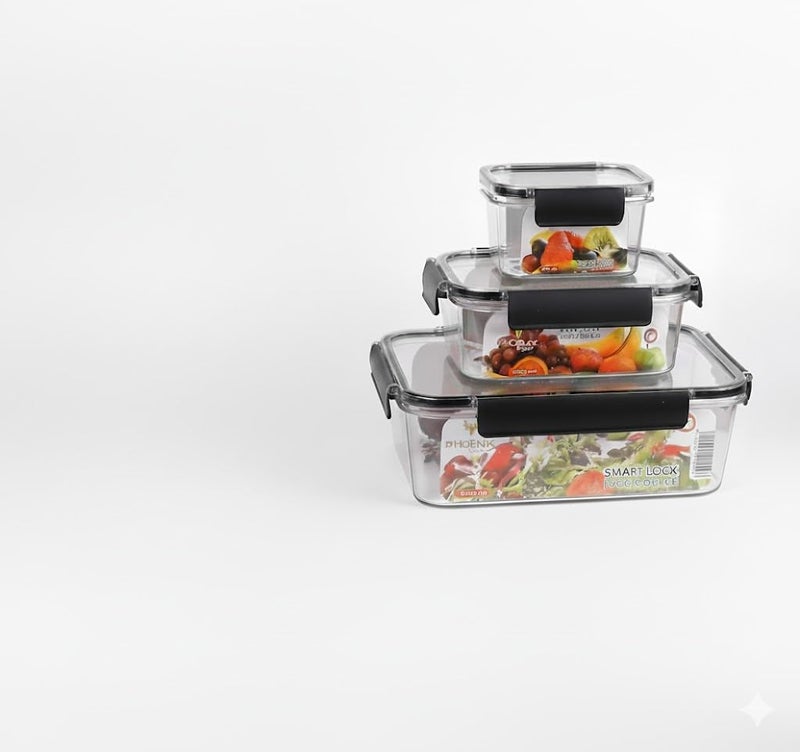 Phoenix Acrylic Food Storage Containers, Set of 3,  Shatterproof, Airtight, 2800ml, 1000ml and 400ml, Clear with Lid, Food Storage - Image 1