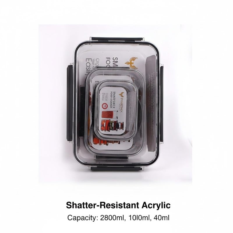 Phoenix Acrylic Food Storage Containers, Set of 3,  Shatterproof, Airtight, 2800ml, 1000ml and 400ml, Clear with Lid, Food Storage - Image 3