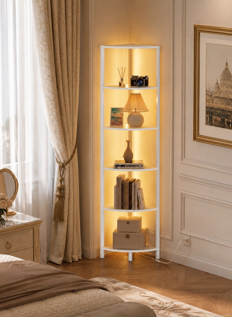 يانارا رف زاوية خشبية 6 طبقات مع إضاءة LED، وحدة رفوف للكتب والديكور بإطار معدني للمنزل والمكتب وغرفة المعيشة - Image 1