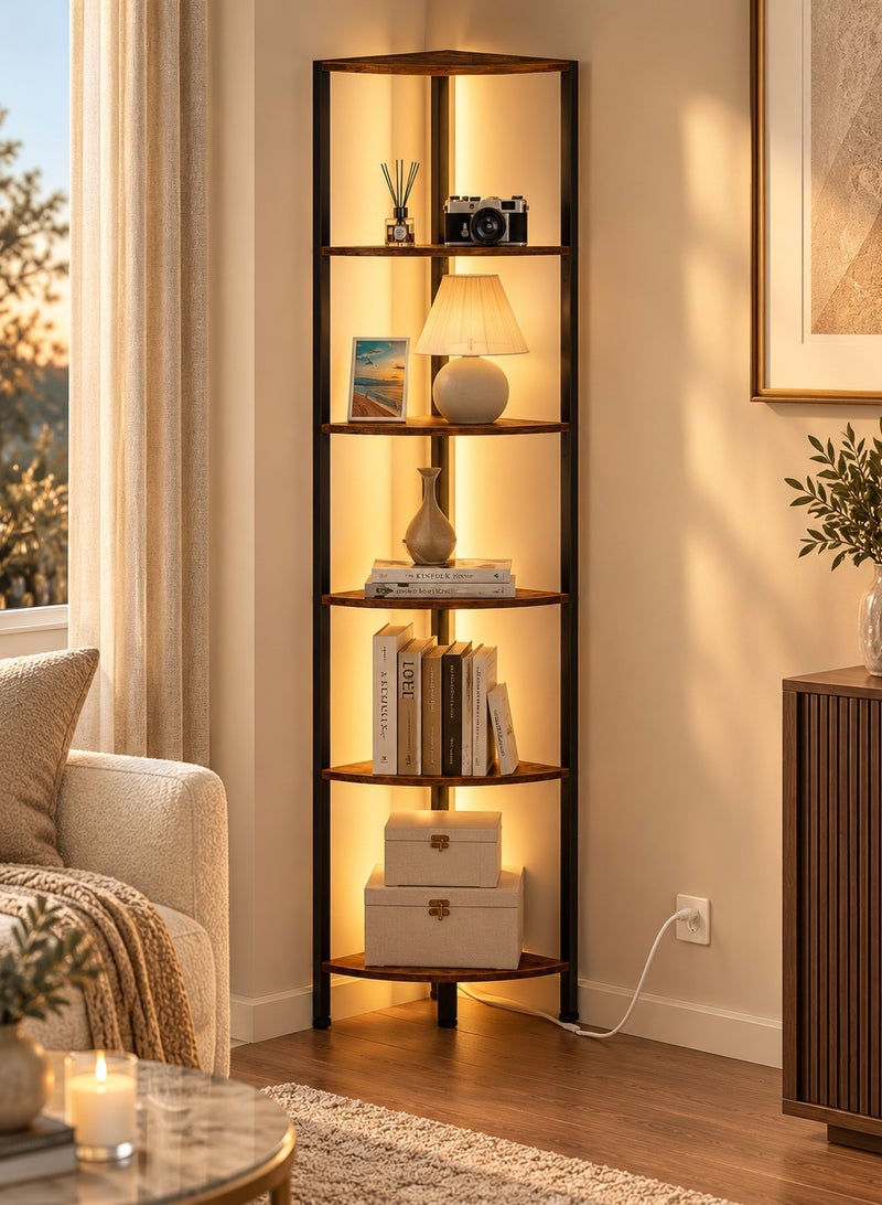 يانارا رف زاوية خشبية 6 طبقات مع إضاءة LED، وحدة رفوف للكتب والديكور بإطار معدني للمنزل والمكتب وغرفة المعيشة - Image 2