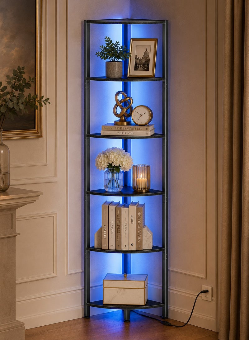 يانارا رف زاوية خشبية 6 طبقات مع إضاءة LED، وحدة رفوف للكتب والديكور بإطار معدني للمنزل والمكتب وغرفة المعيشة - Image 3