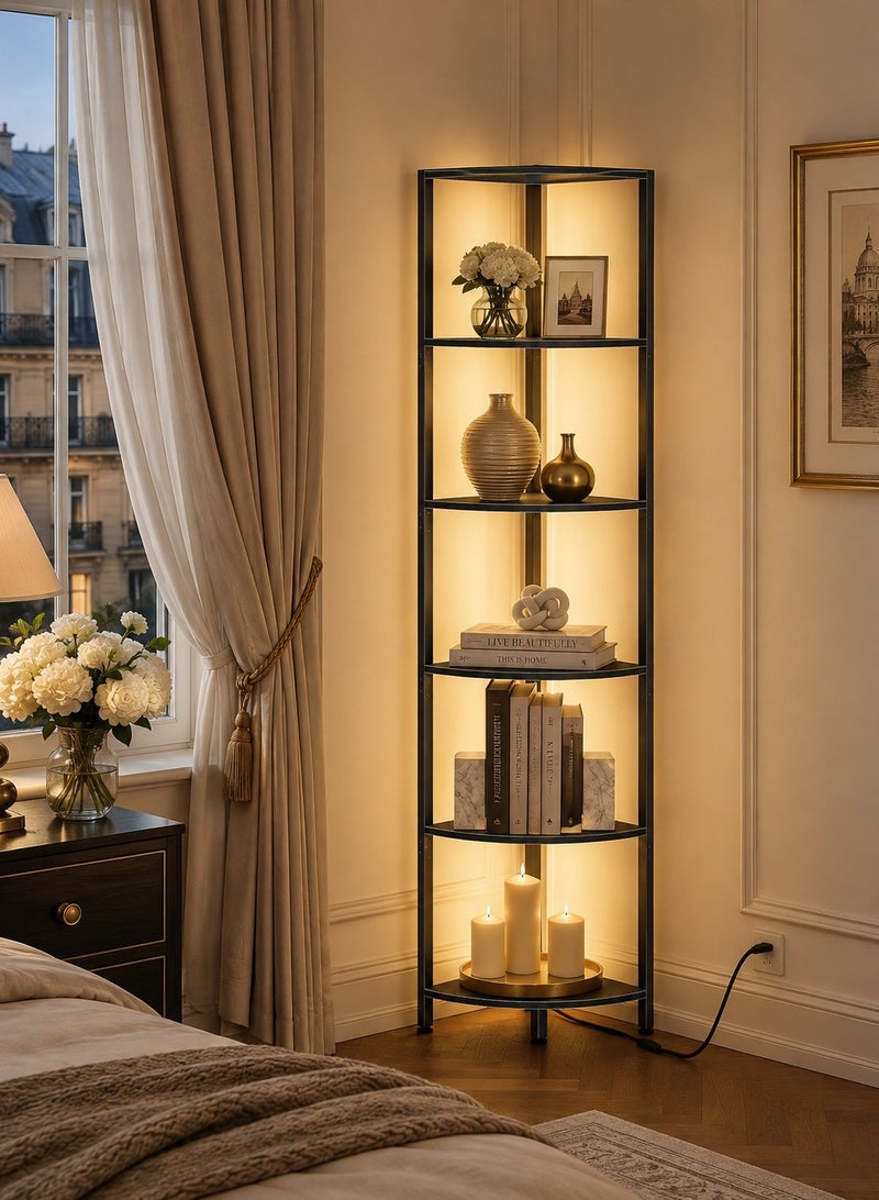 يانارا رف زاوية خشبية 6 طبقات مع إضاءة LED، وحدة رفوف للكتب والديكور بإطار معدني للمنزل والمكتب وغرفة المعيشة - Image 4