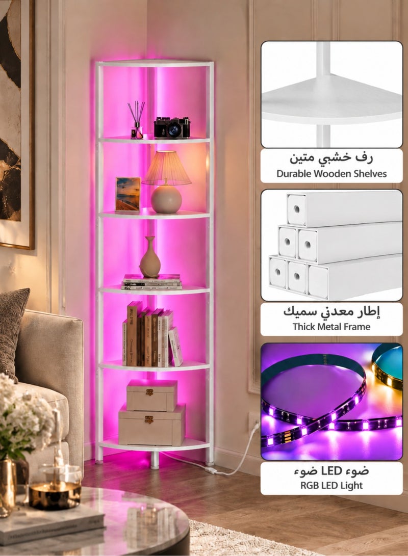 يانارا رف زاوية خشبية 6 طبقات مع إضاءة LED، وحدة رفوف للكتب والديكور بإطار معدني للمنزل والمكتب وغرفة المعيشة - Image 5