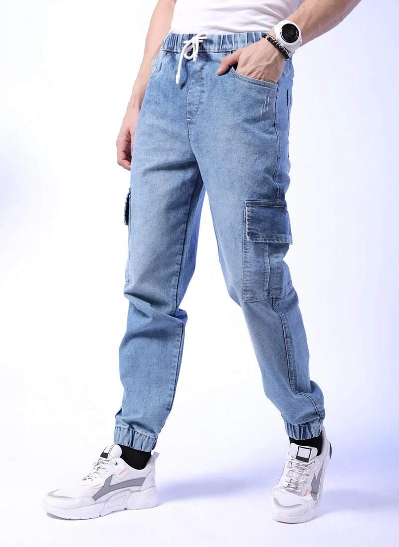 The Indian Garage Co  Men Regular Fit Solid Mid-Rise Stretchable Denim Cargo Joggers for Men | Best Price UAE