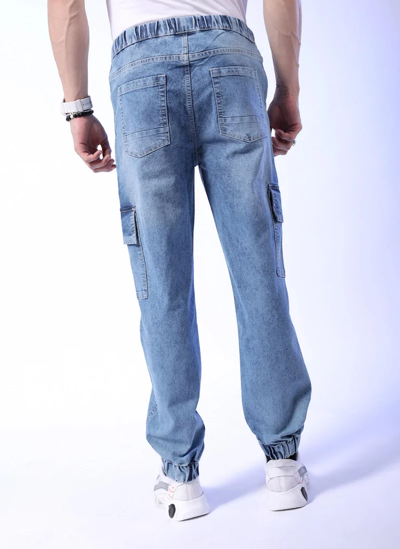 The Indian Garage Co  Men Regular Fit Solid Mid-Rise Stretchable Denim Cargo Joggers for Men | Best Price UAE