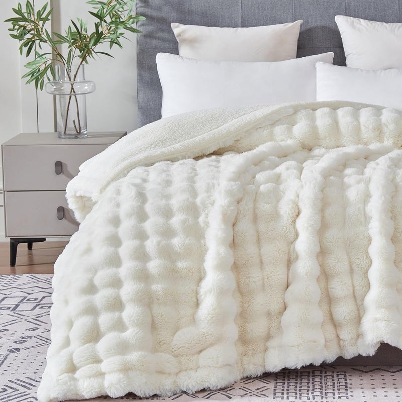 Serenhom 60x80 Inches UltraSoft Fuzzy Faux Fur Plush Twin Size Blanket  Thick Warm Sherpa for Couch Sofa Bedroom Camping  Decorative Blanket for Cozy Warmth Bubble Ivory White