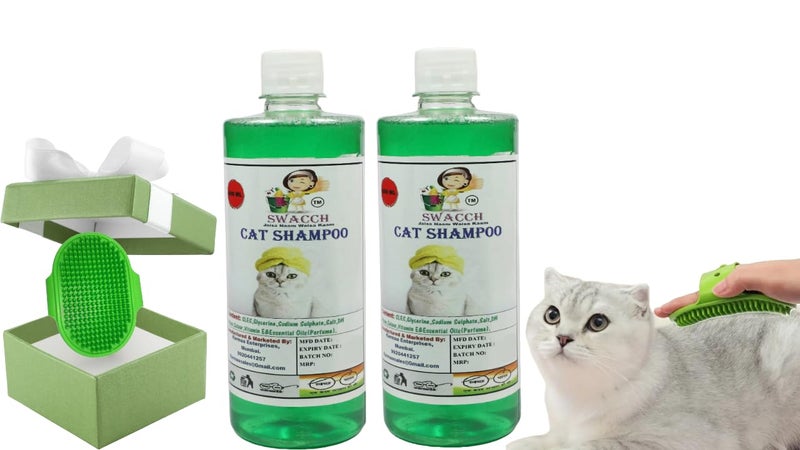 Swacch Cat Shampoo -500ml (Pack of 2) (Neem Alovera) + Bath Brush with Adjustable Straps Combo Pack - Image 1