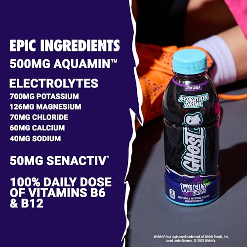 GHOST Hydration Drink, Welch’s Grape - RTD Sports Drink with Electrolytes, Natural Vitamins & Minerals - All Day Lifestyle Hydration Beverage - Zero Caffeine & Zero Sugars - 16.9 Fl Oz, 12 Pack - Image 3